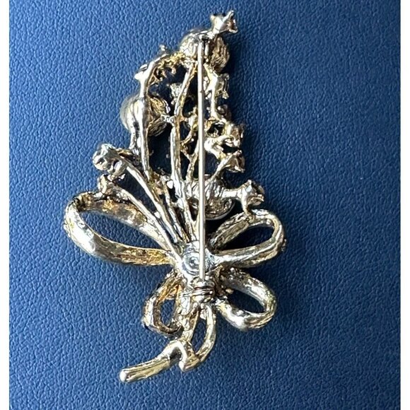 Brooch Pin 2.25" Flower Bouquet Ribbon Aurora Borealis Clear Black Rhinestones - Picture 3 of 4